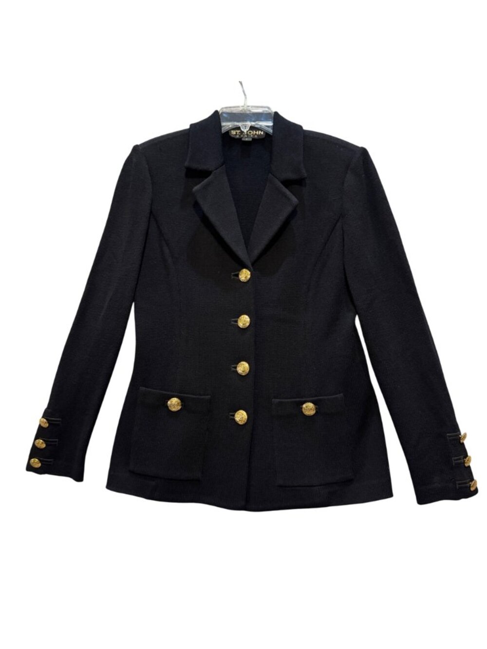 Vintage St John Knit Blazer Size 2 Black Gold Crested Buttons Old Money Nautical - Picture 2 of 14